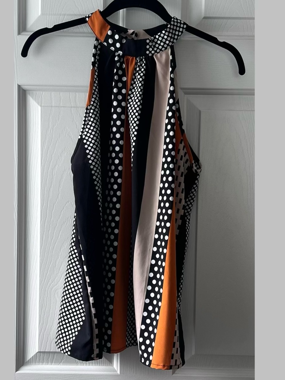 Amazon Women’s Black and Orange Halter Camisole with Polka Dot Stripes